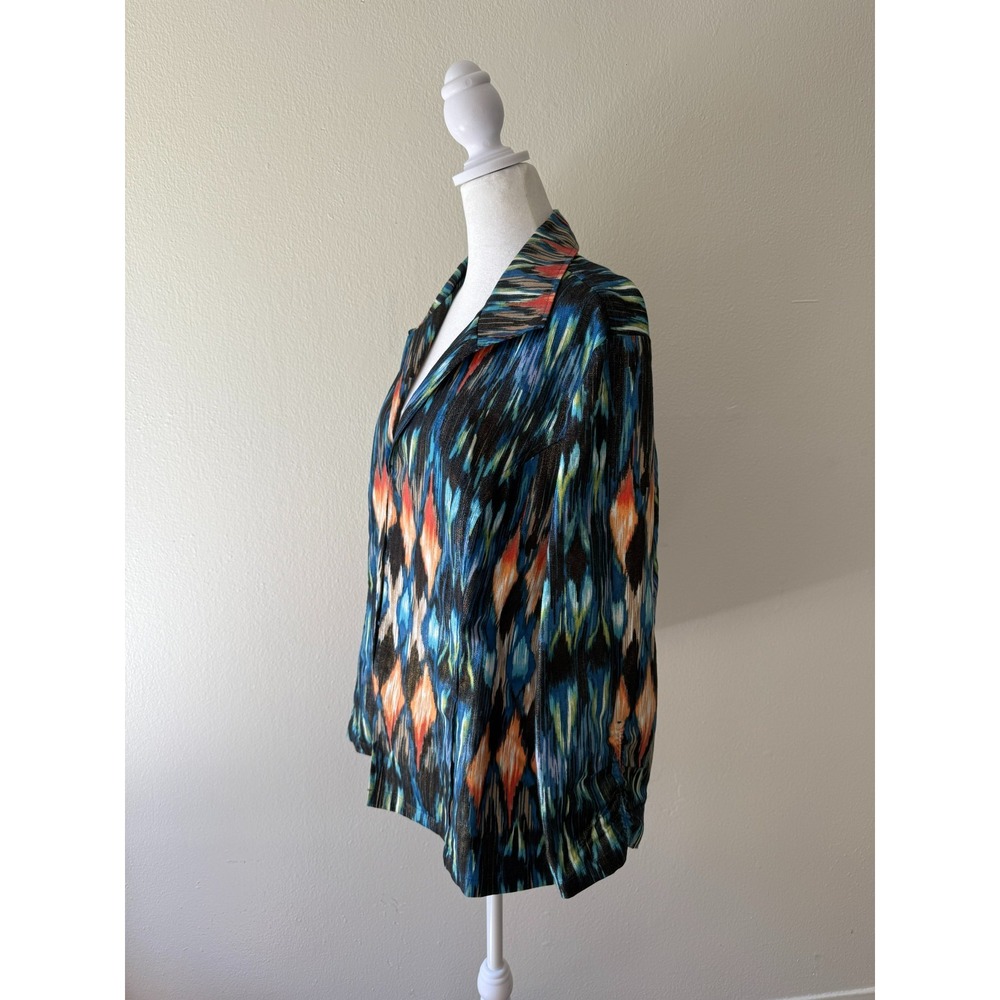 Chico's Women's 3 XL Multicolor Ikat Print Cotton Linen Boho Artsy Shirt Jacket - Picture 2 of 11
